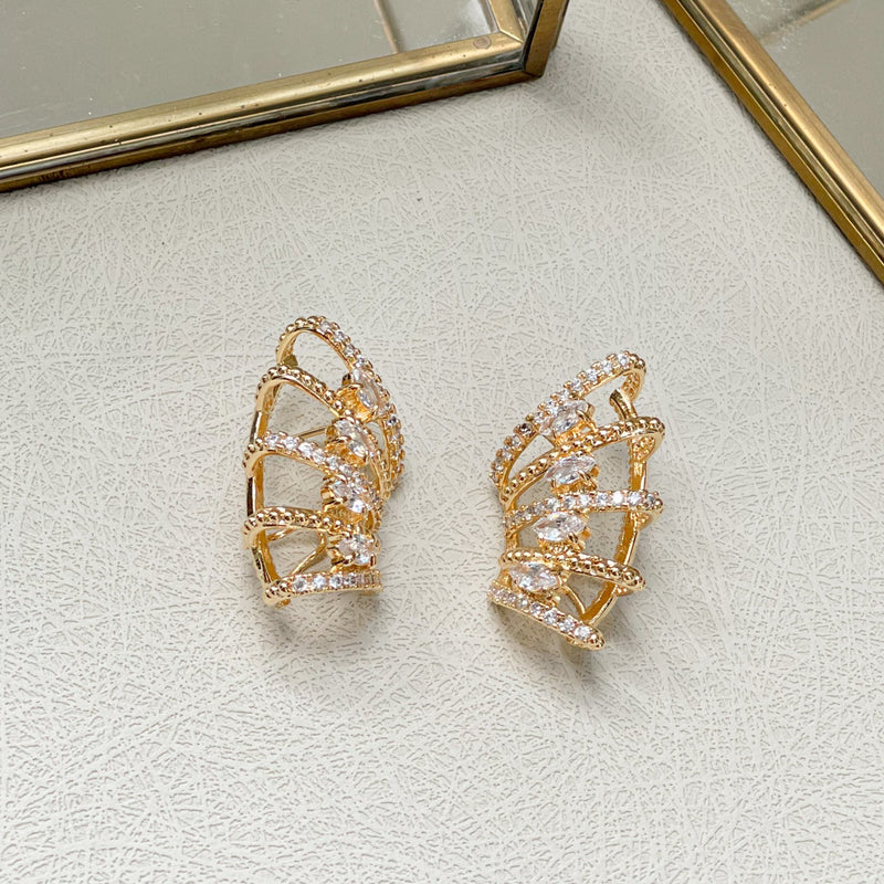 18K Gold Plated Ear Cuff Studded Zirconia with Zirconia Navette Earrings