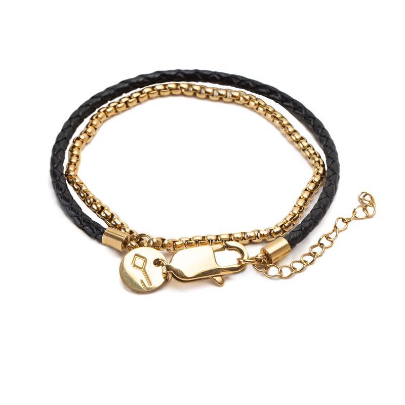 Men's Steel Gold Chain and Black Faux Leather