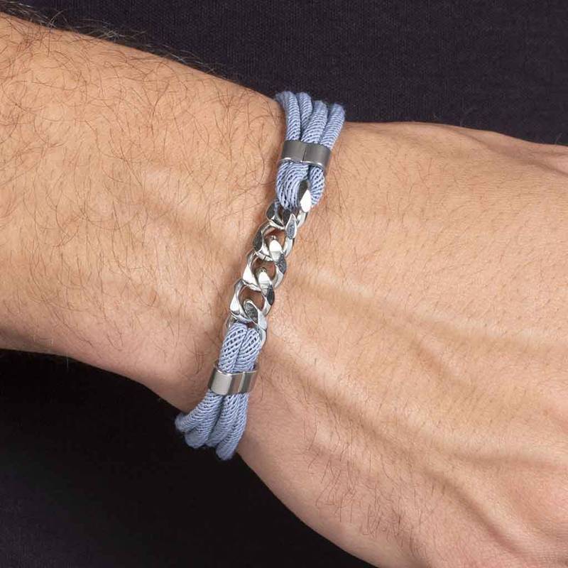 Men's Blue Cord and Stainless Steel Silver Bracelet