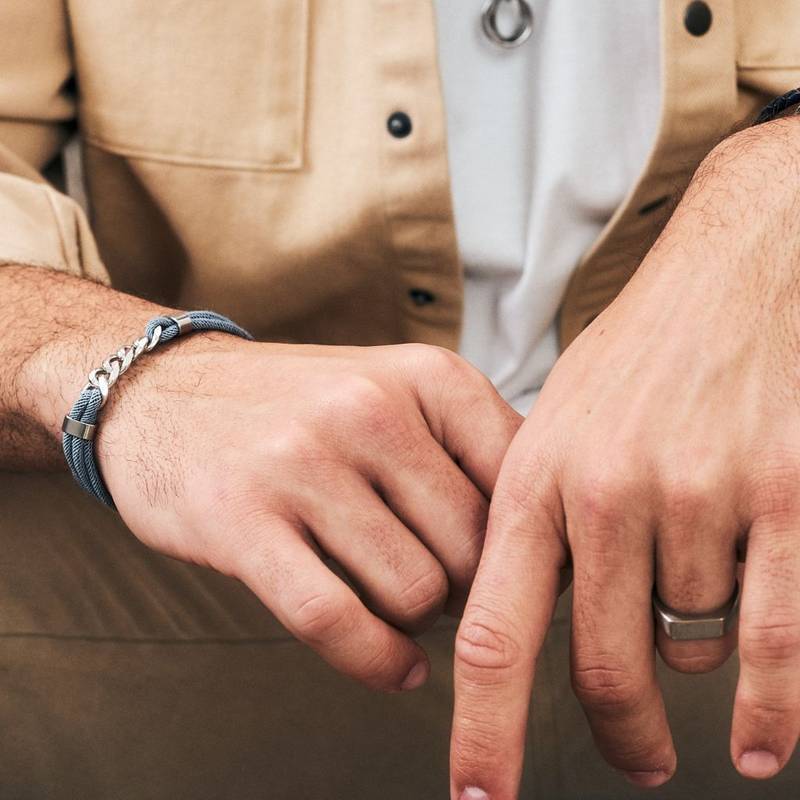 Men's Blue Cord and Stainless Steel Silver Bracelet