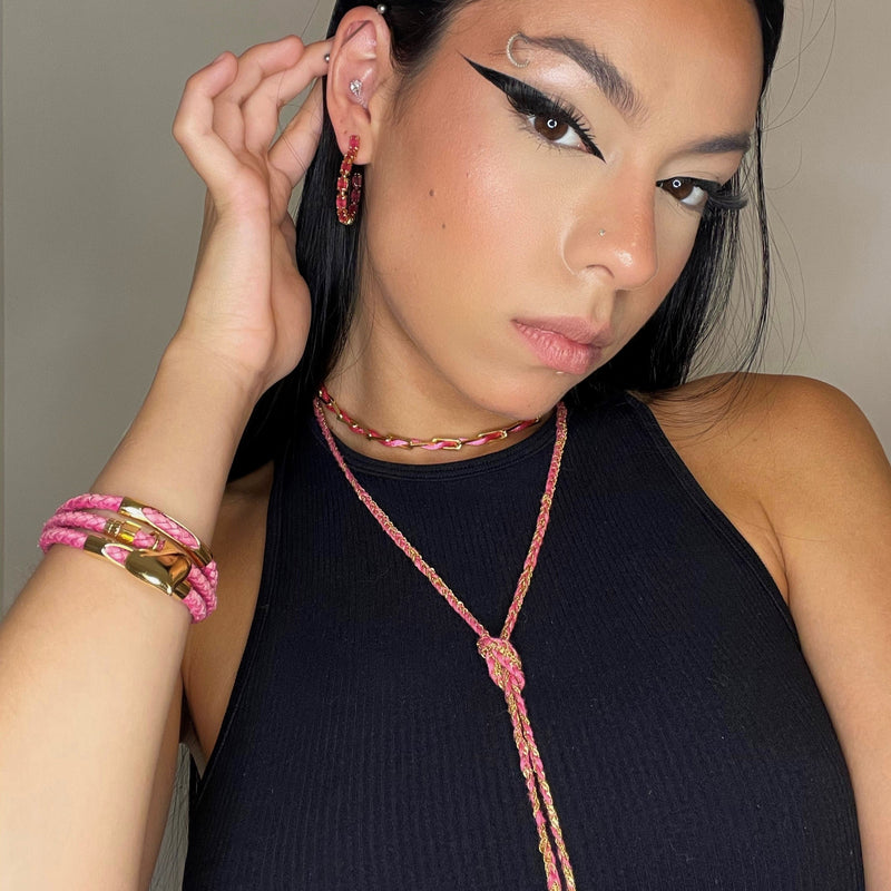 18K Gold Plated Long Braid and Color Line Necklace