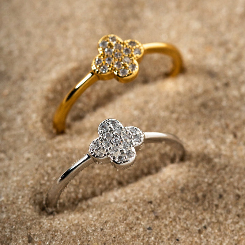 18K Gold Plated Clover Studded Zirconia Ring