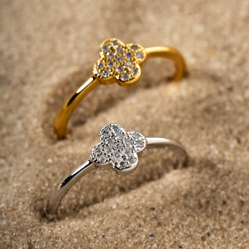 White Rhodium Plated Clover Studded Zirconia Ring