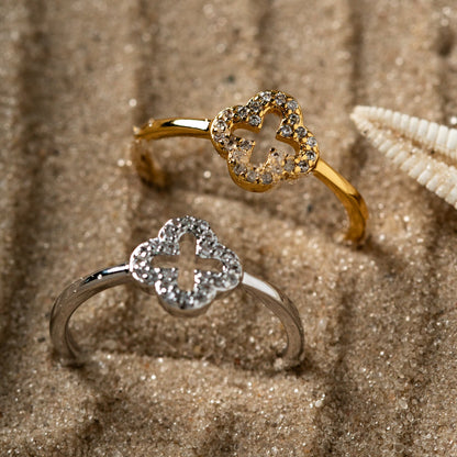 18K Gold Plated Clover Studded Zirconia Ring