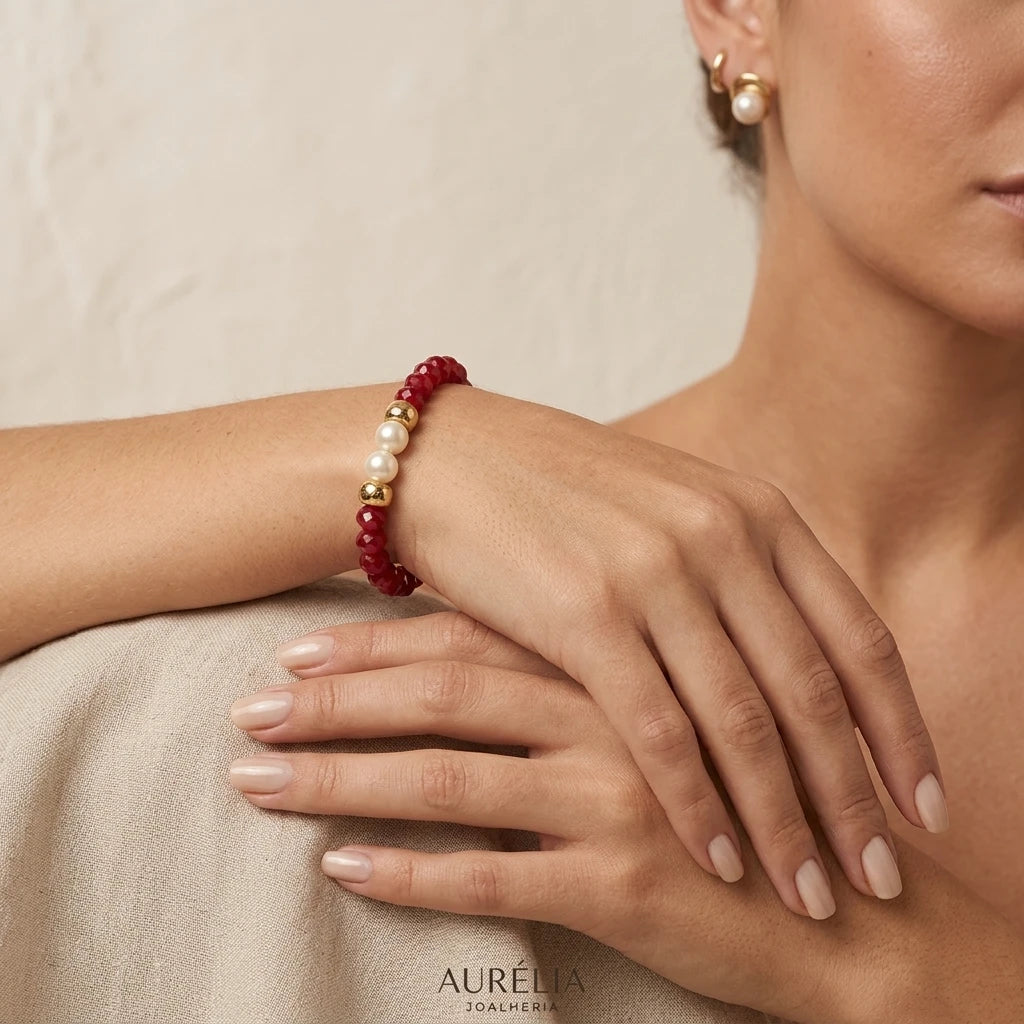 Pearls and Pink Crystals Bracelet - 18K Gold Plated