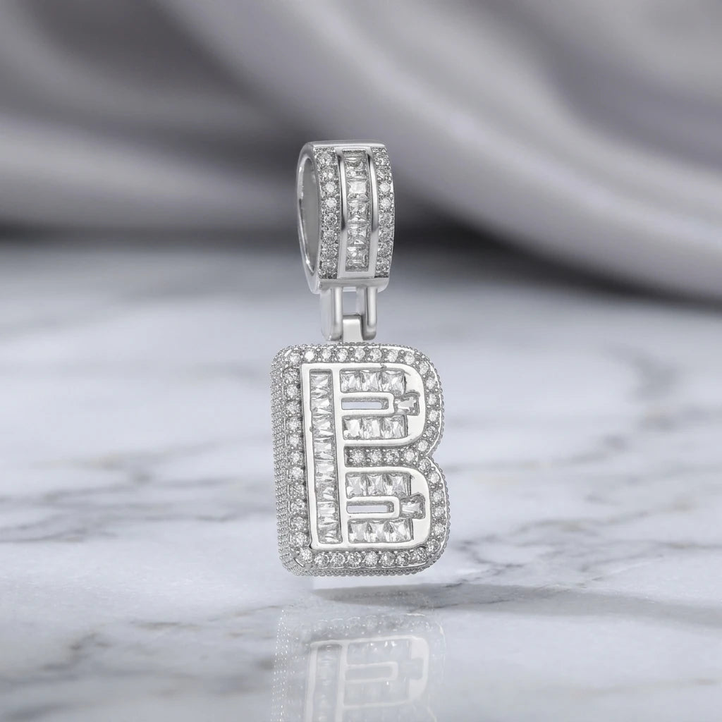 Personalized Letter Studded Zirconia Pendant - White Rhodium Plated