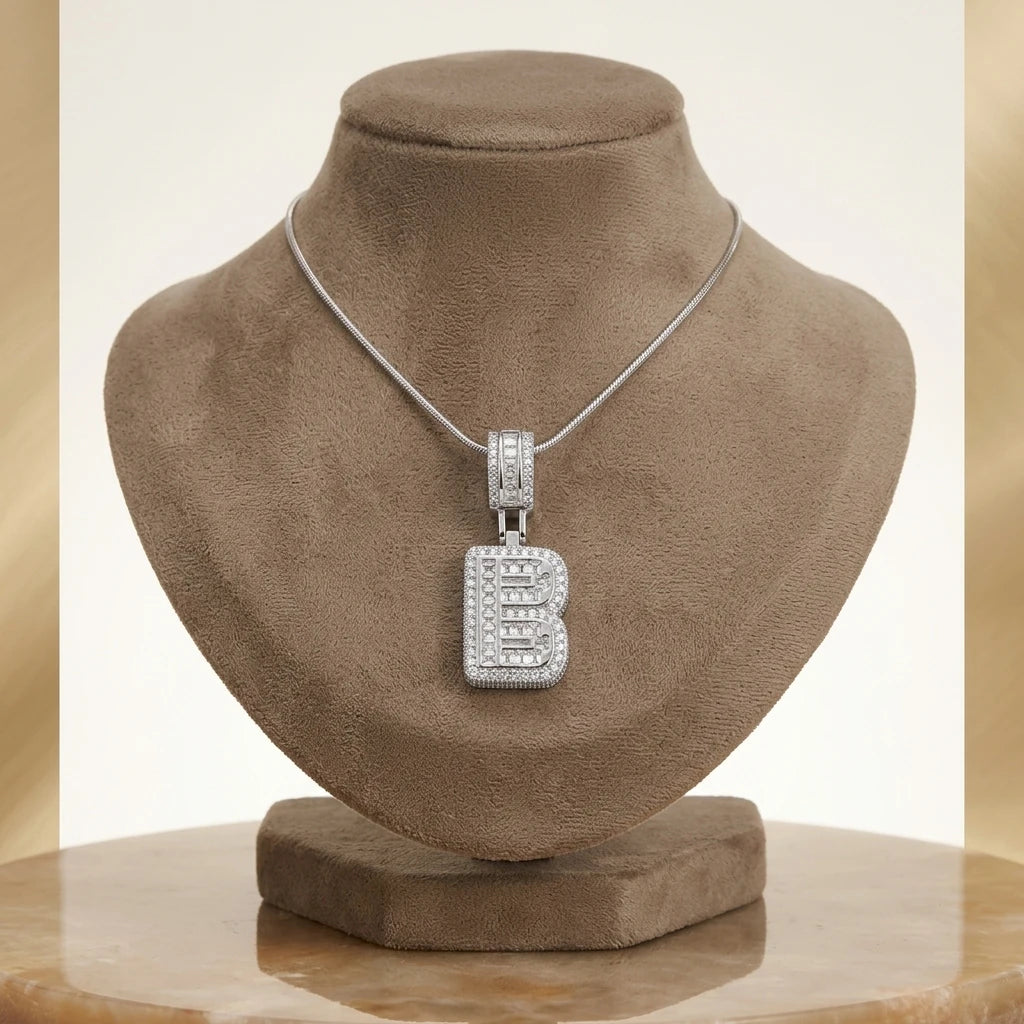 Personalized Letter Studded Zirconia Pendant - White Rhodium Plated