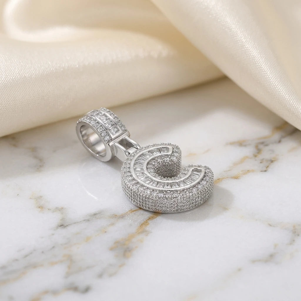Personalized Letter Studded Zirconia Pendant - White Rhodium Plated
