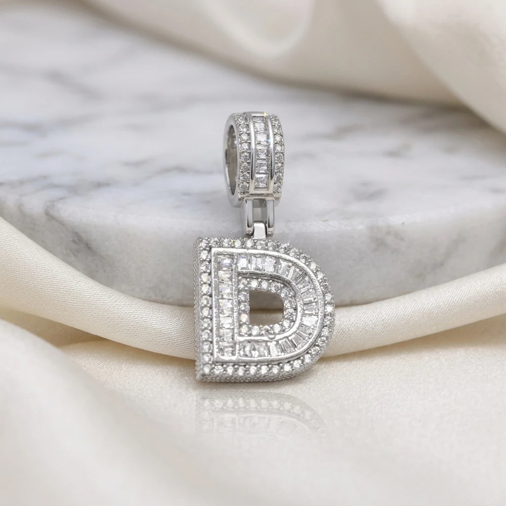 Personalized Letter Studded Zirconia Pendant - White Rhodium Plated