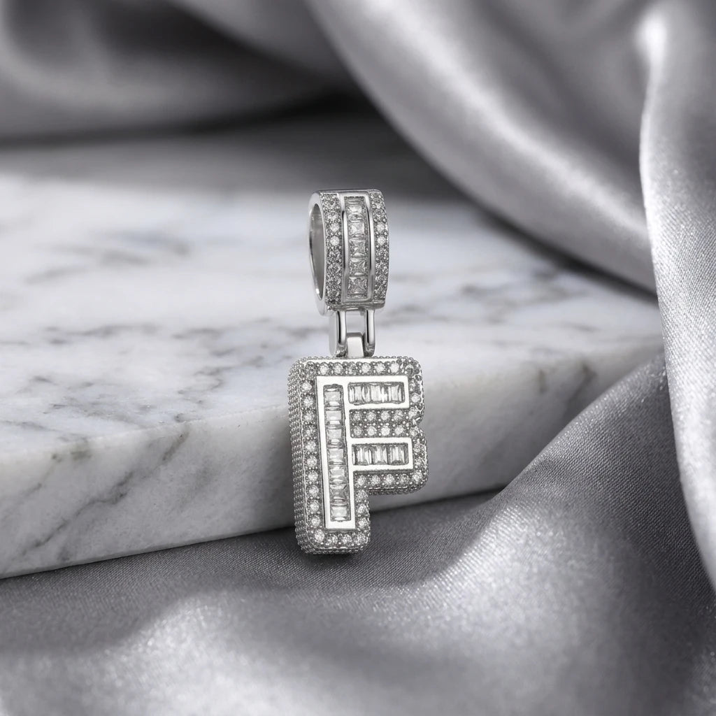 Personalized Letter Studded Zirconia Pendant - White Rhodium Plated