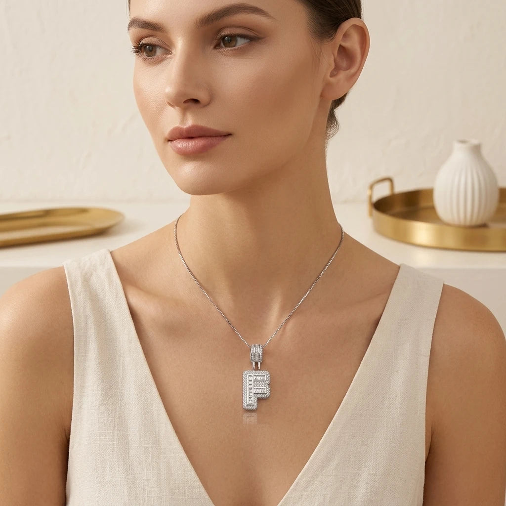 Personalized Letter Studded Zirconia Pendant - White Rhodium Plated