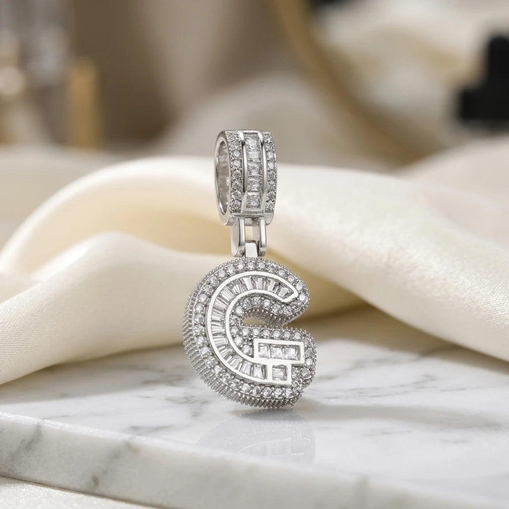 Personalized Letter Studded Zirconia Pendant - White Rhodium Plated