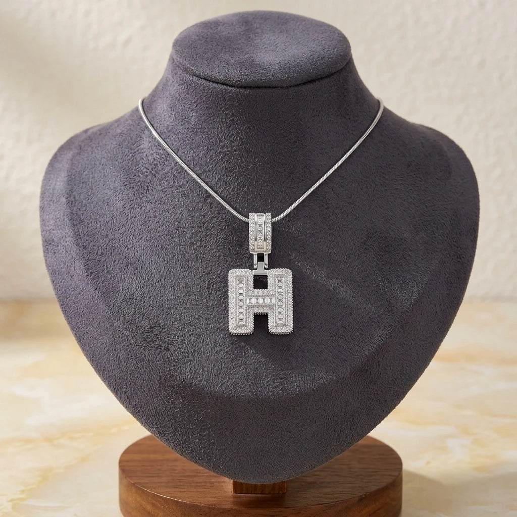 Personalized Letter Studded Zirconia Pendant - White Rhodium Plated