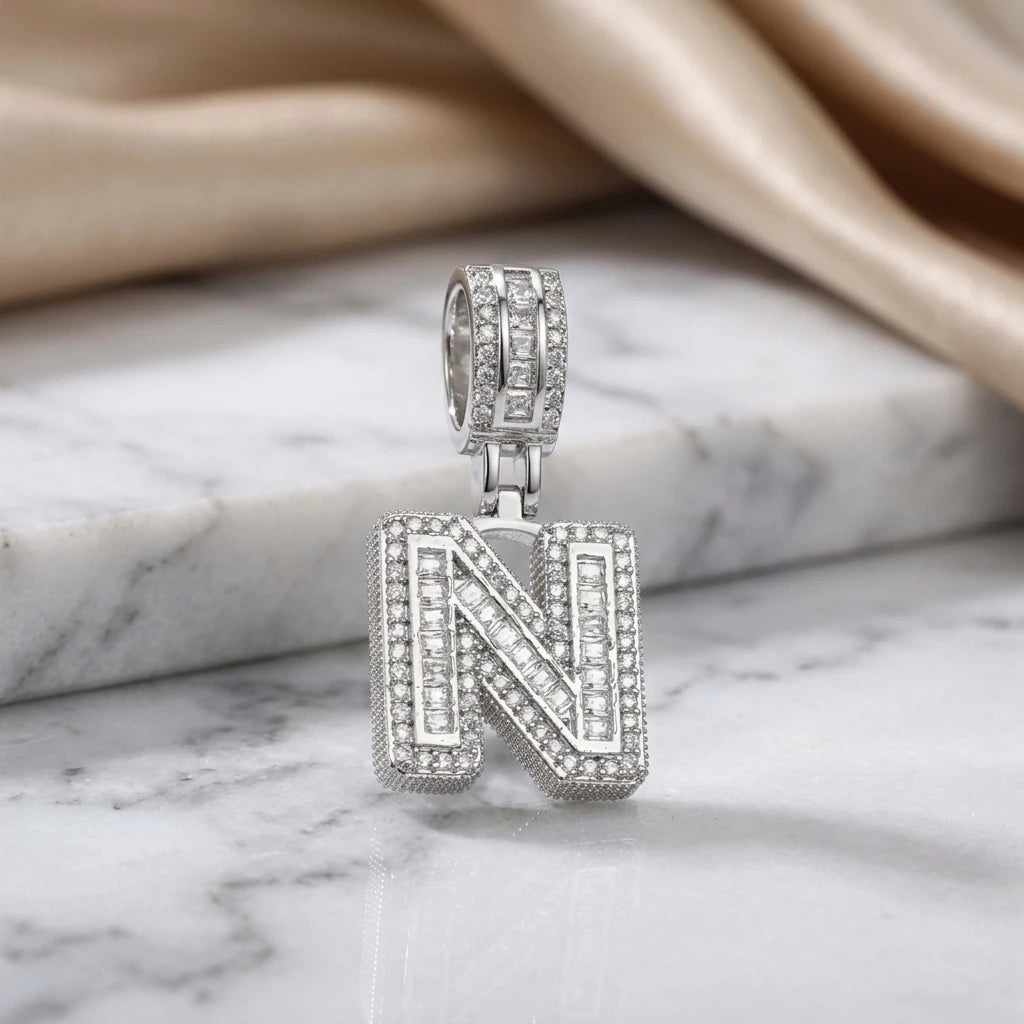 Personalized Letter Studded Zirconia Pendant - White Rhodium Plated