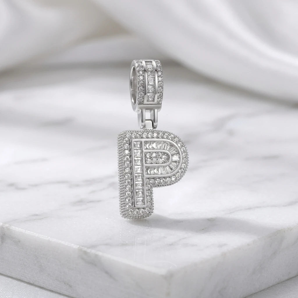 Personalized Letter Studded Zirconia Pendant - White Rhodium Plated