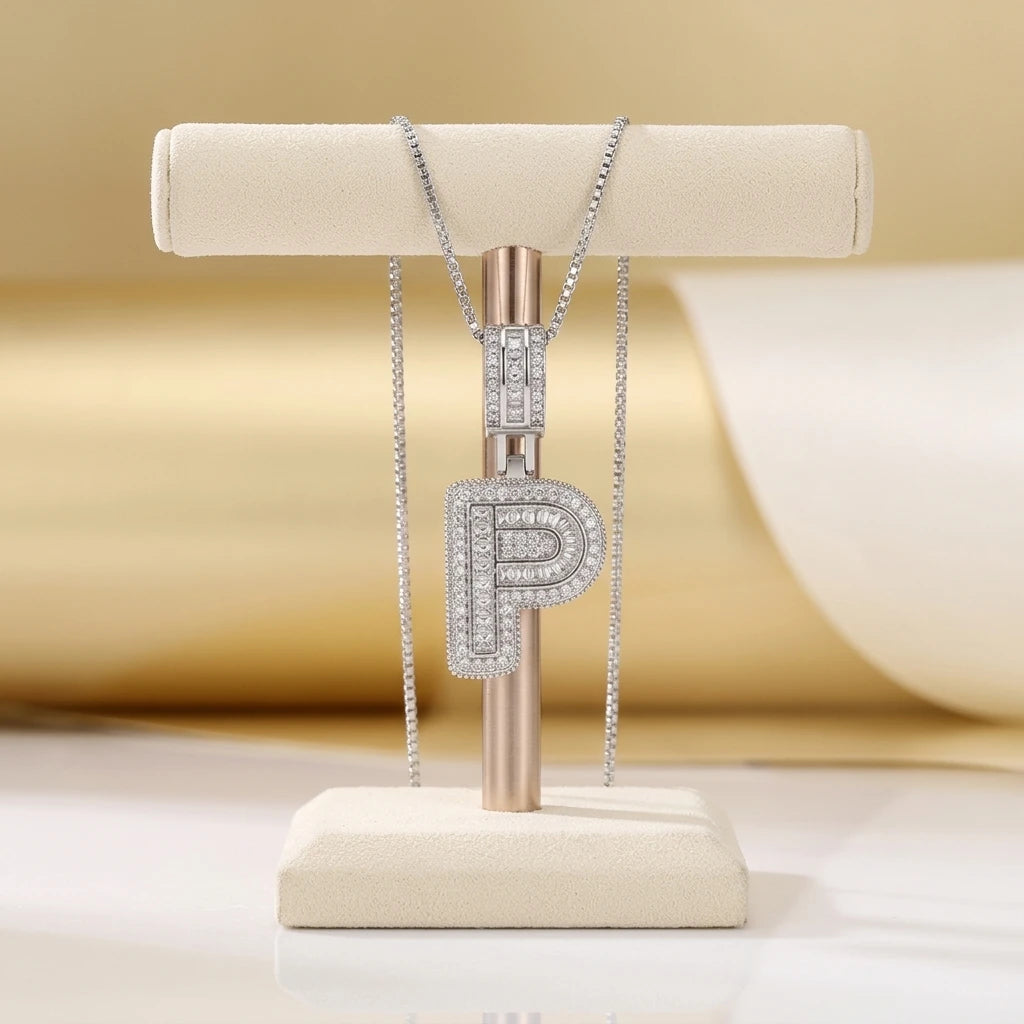 Personalized Letter Studded Zirconia Pendant - White Rhodium Plated