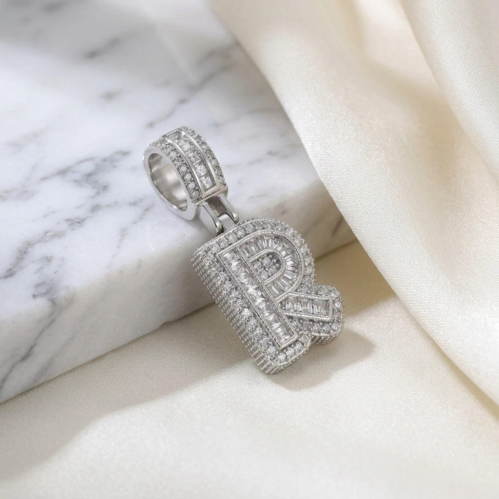Personalized Letter Studded Zirconia Pendant - White Rhodium Plated