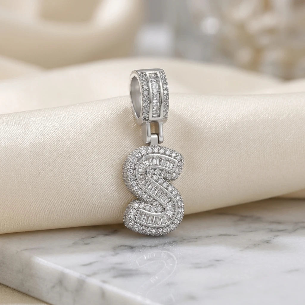 Personalized Letter Studded Zirconia Pendant - White Rhodium Plated