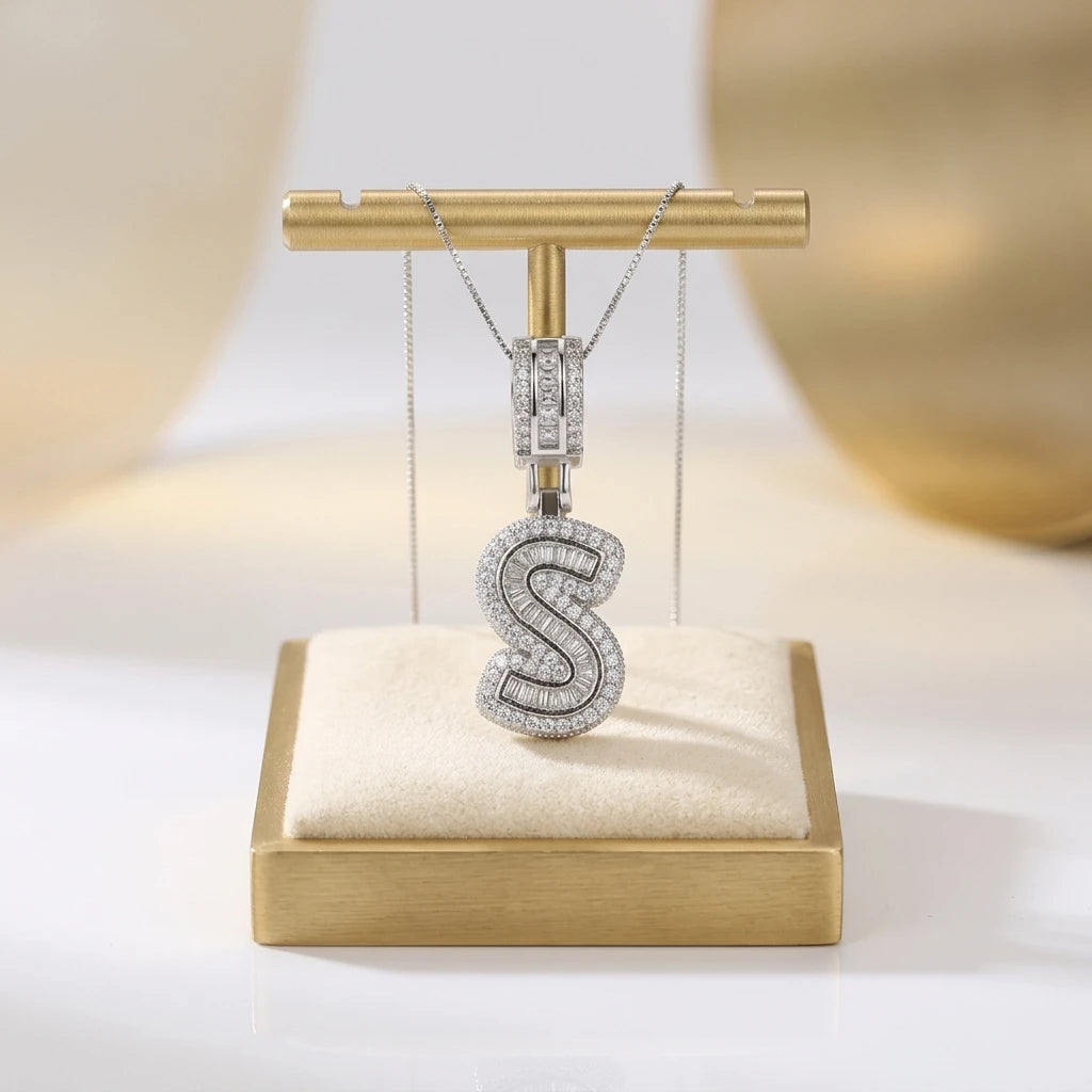 Personalized Letter Studded Zirconia Pendant - White Rhodium Plated