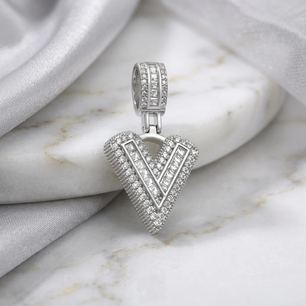 Personalized Letter Studded Zirconia Pendant - White Rhodium Plated
