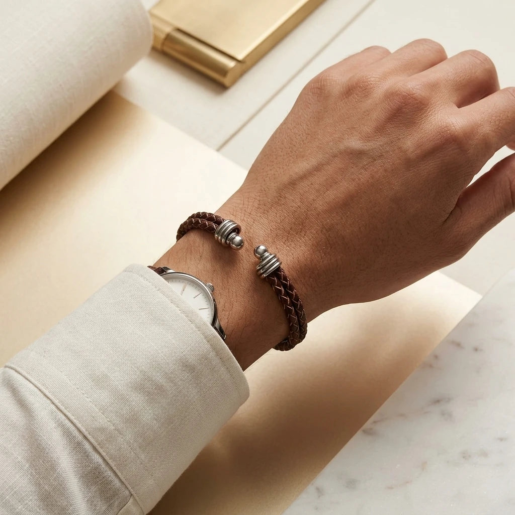 Men's Adjustable Brown Leather Bracelet