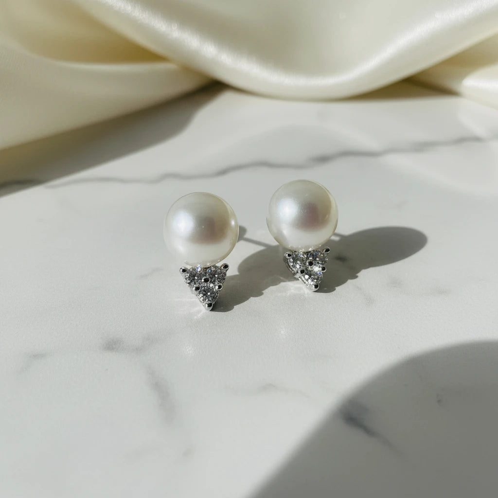 Genuine Pearl Studs with Sterling Silver Pavé White Topaz Triangle Earring