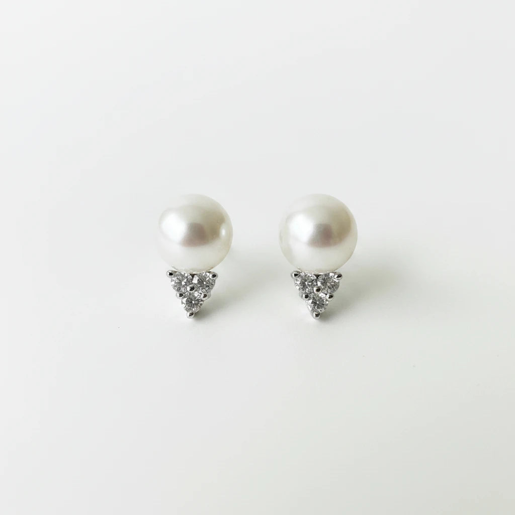 Genuine Pearl Studs with Sterling Silver Pavé White Topaz Triangle Earring