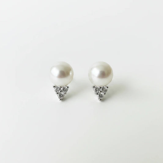 Genuine Pearl Studs with Sterling Silver Pavé White Topaz Triangle Earring
