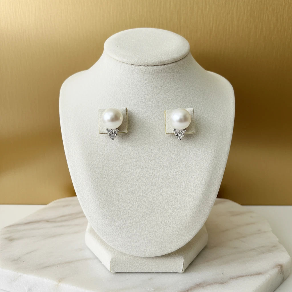 Genuine Pearl Studs with Sterling Silver Pavé White Topaz Triangle Earring