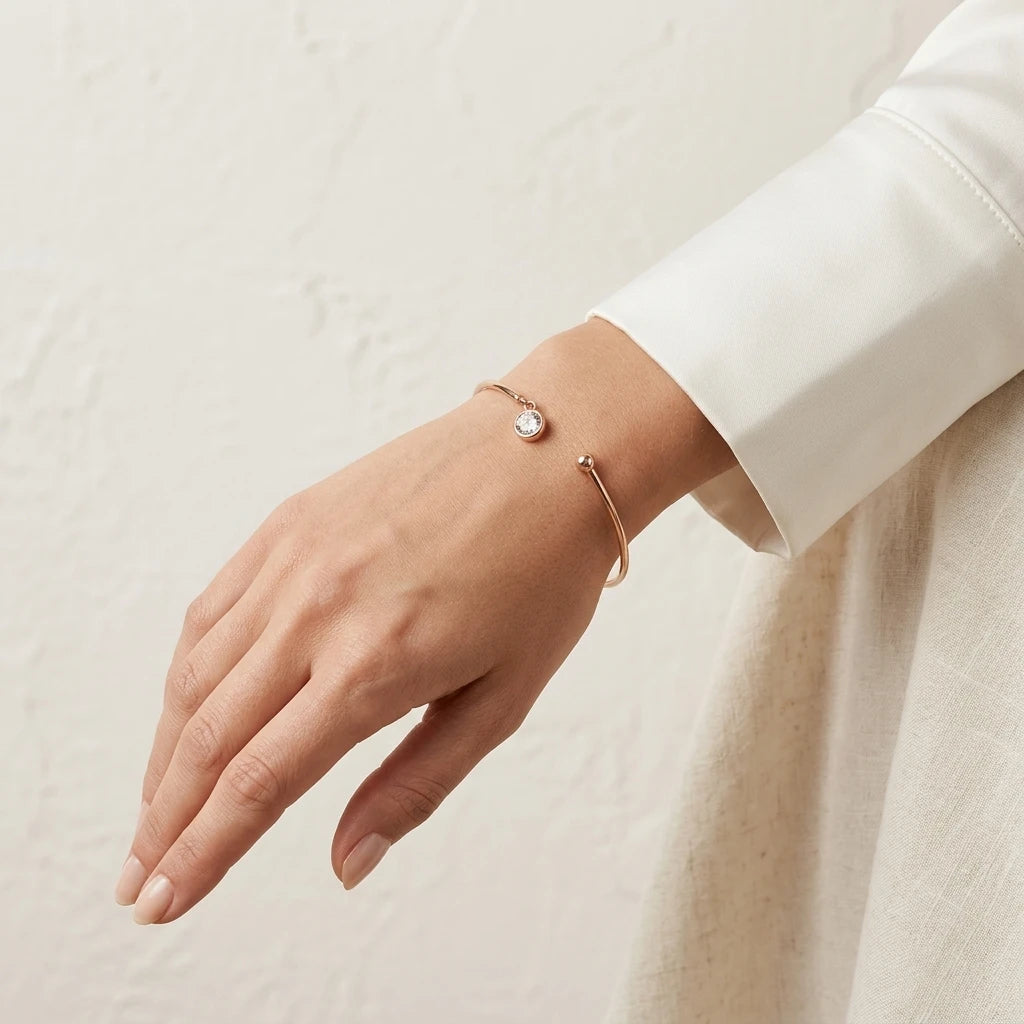 Open Bangle Cubic Zirconia Bracelet - 18K Gold Plated