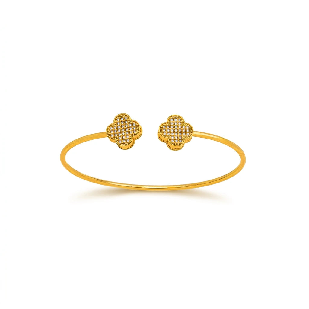 Double Clover Pavé Open Bangle - 18K Gold Plated