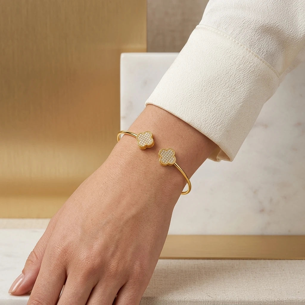 Double Clover Pavé Open Bangle - 18K Gold Plated