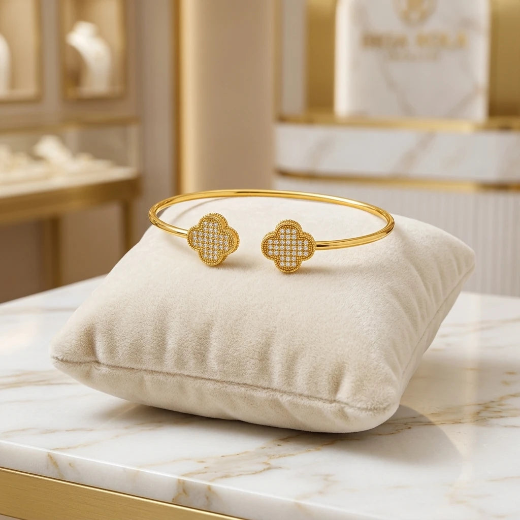 Double Clover Pavé Open Bangle - 18K Gold Plated