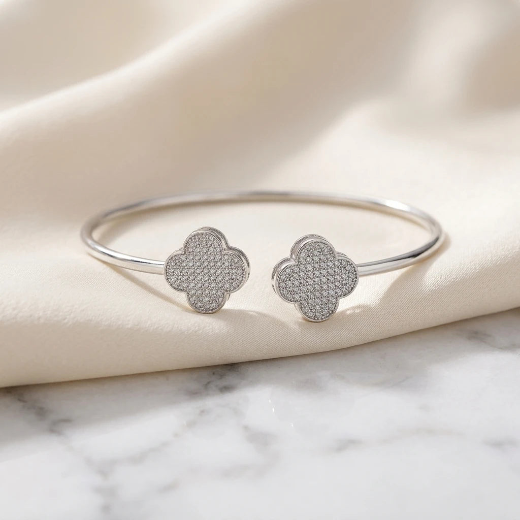 Double Clover Pavé Open Bangle - White Rhodium Plated