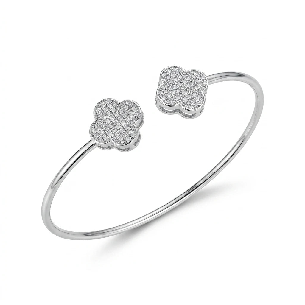 Double Clover Pavé Open Bangle - White Rhodium Plated