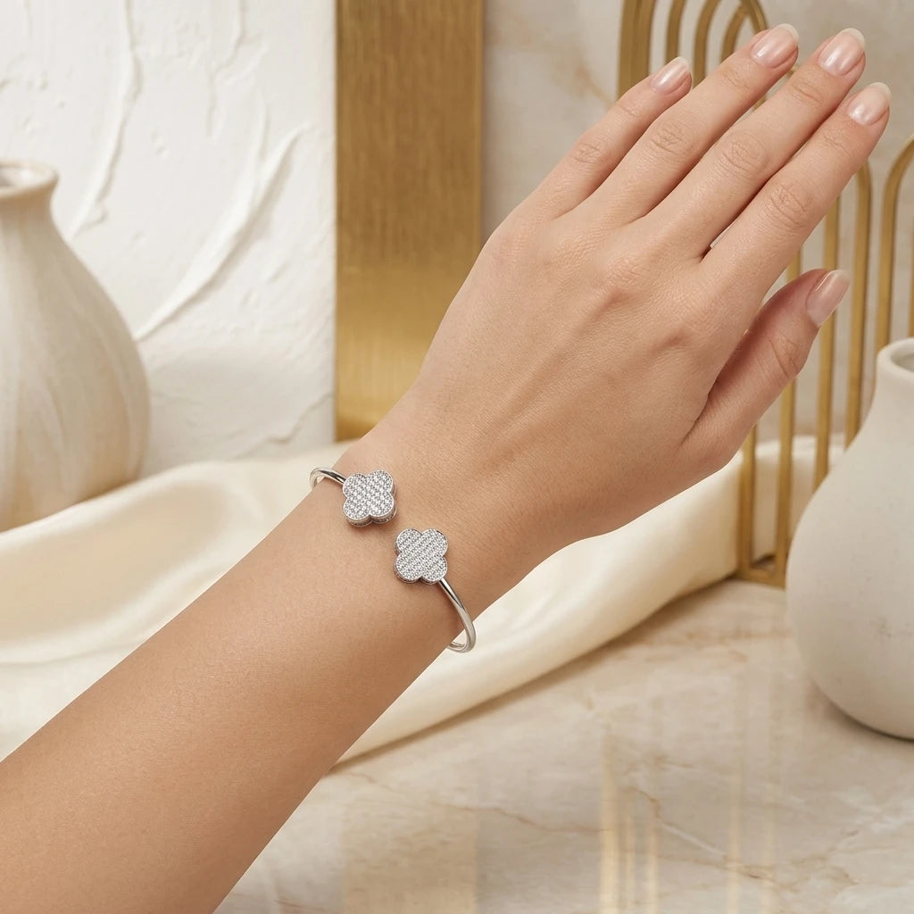 Double Clover Pavé Open Bangle - White Rhodium Plated
