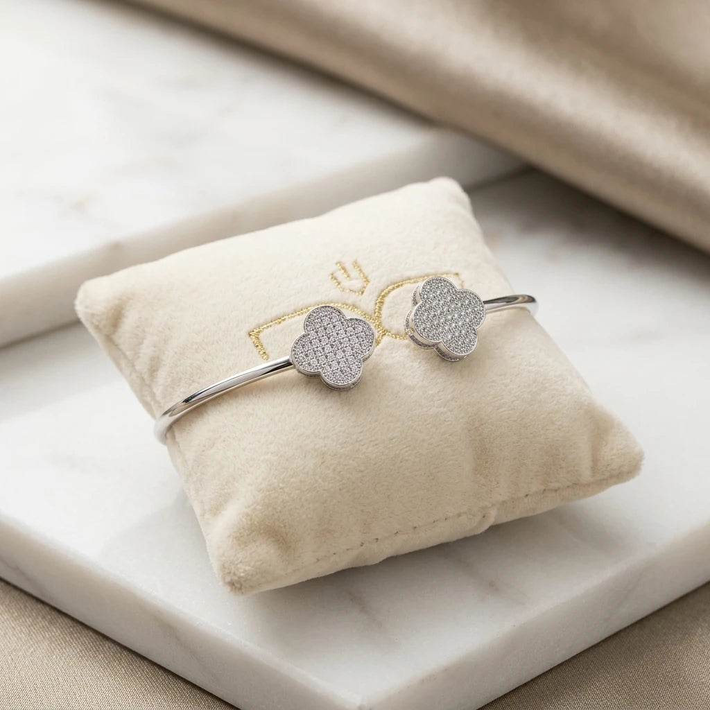 Double Clover Pavé Open Bangle - White Rhodium Plated