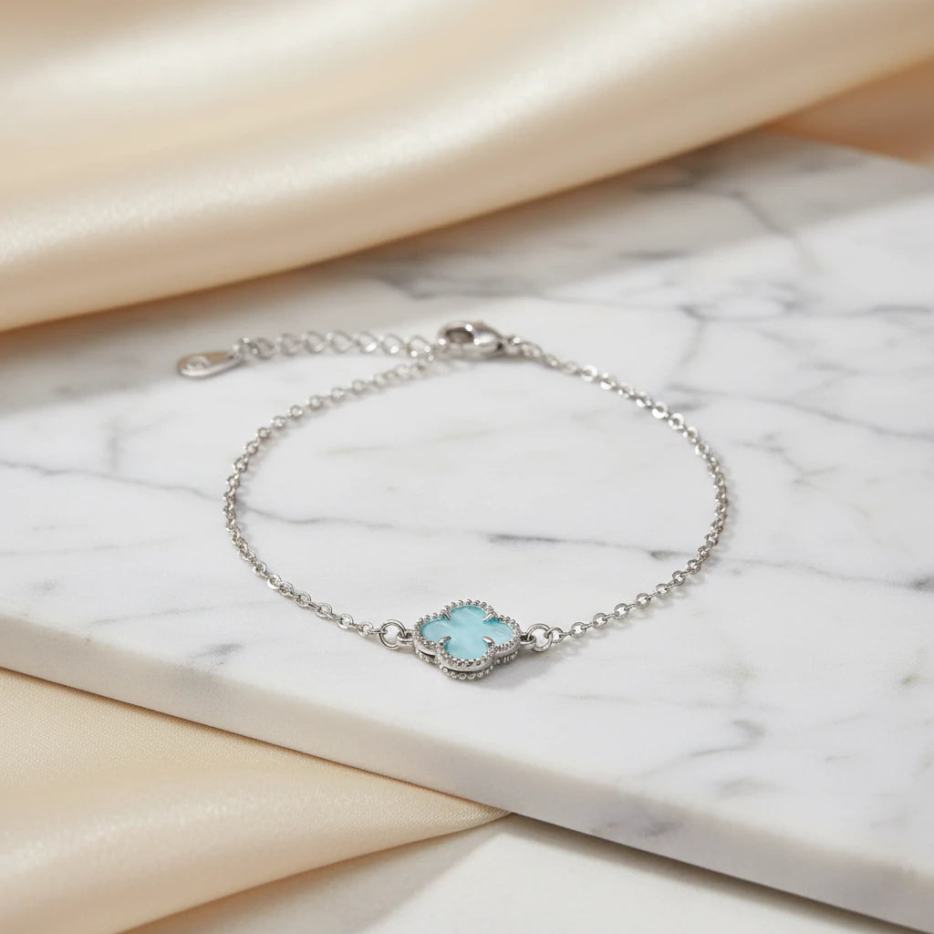 Blue Lucky Clover Bracelet - White Rhodium Plated