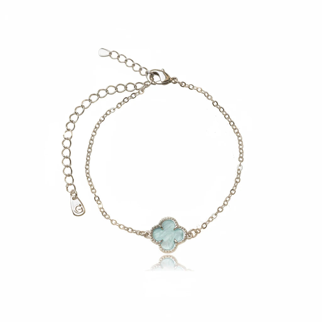 Blue Lucky Clover Bracelet - White Rhodium Plated