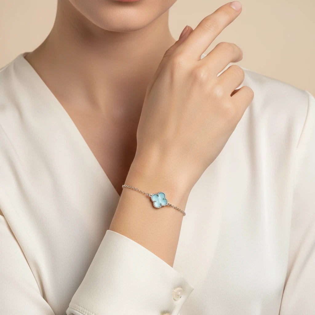 Blue Lucky Clover Bracelet - White Rhodium Plated