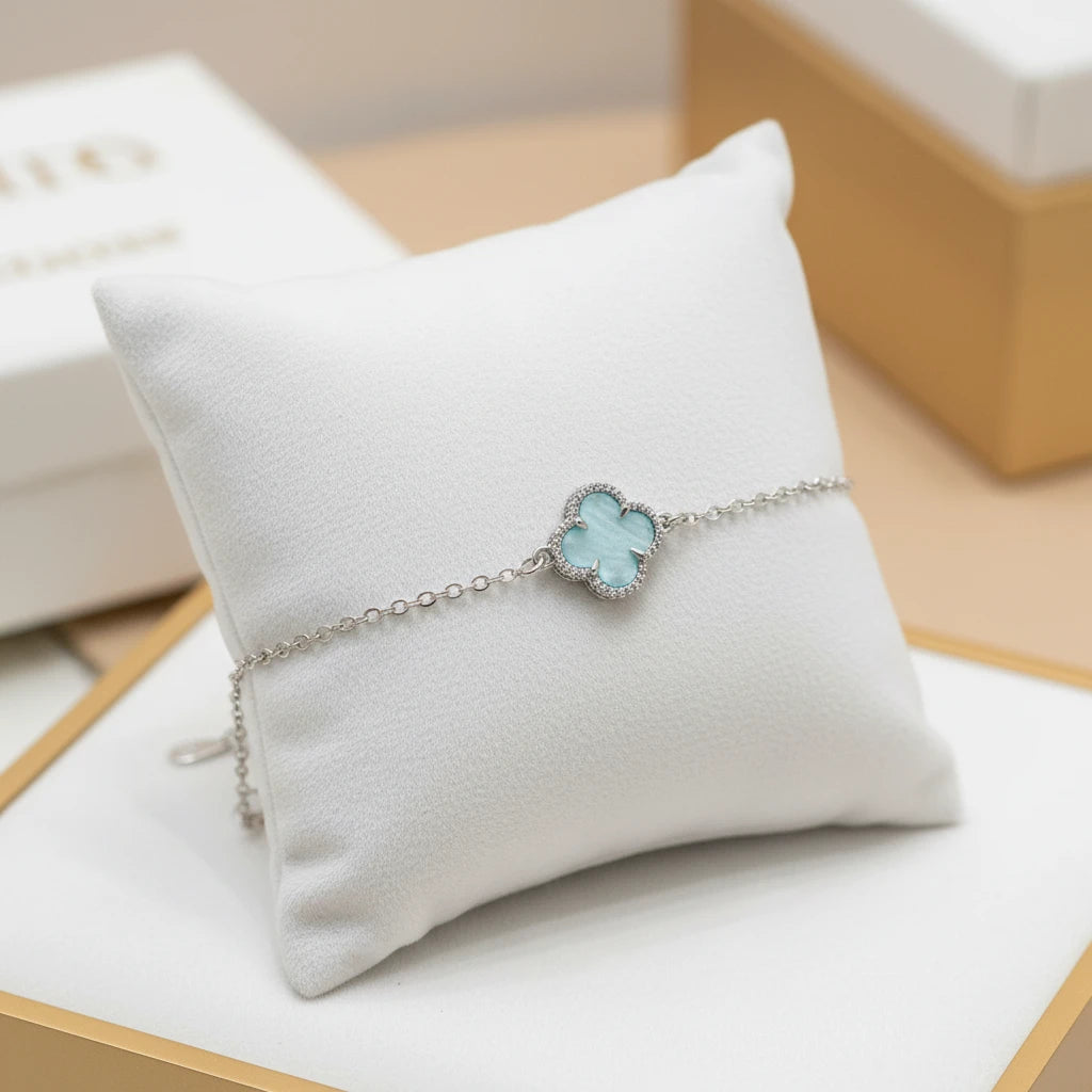 Blue Lucky Clover Bracelet - White Rhodium Plated