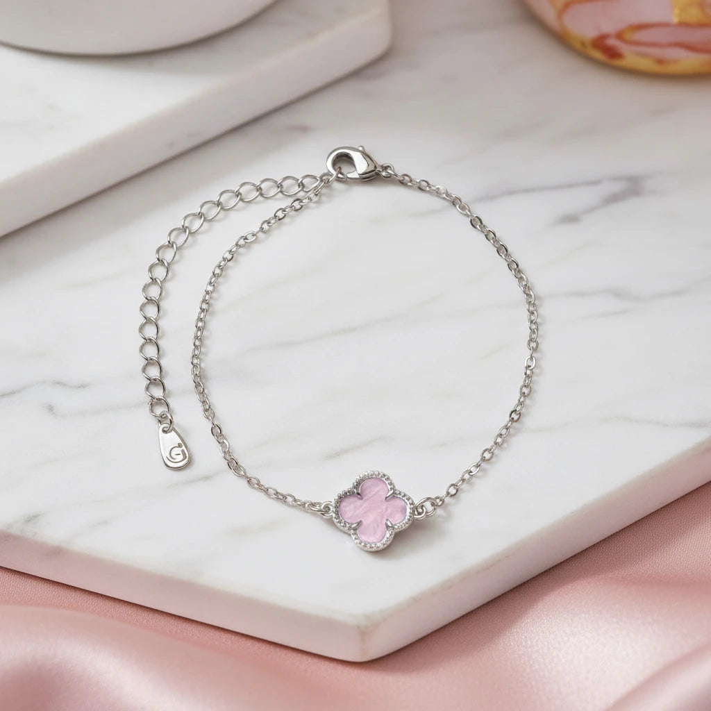 Pink Lucky Clover Bracelet - White Rhodium Plated