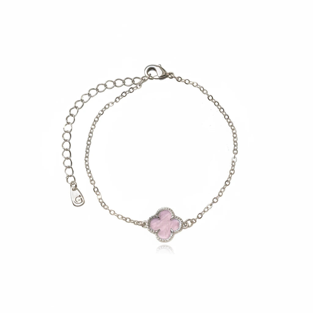 Pink Lucky Clover Bracelet - White Rhodium Plated