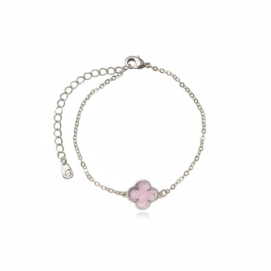 Pink Lucky Clover Bracelet - White Rhodium Plated