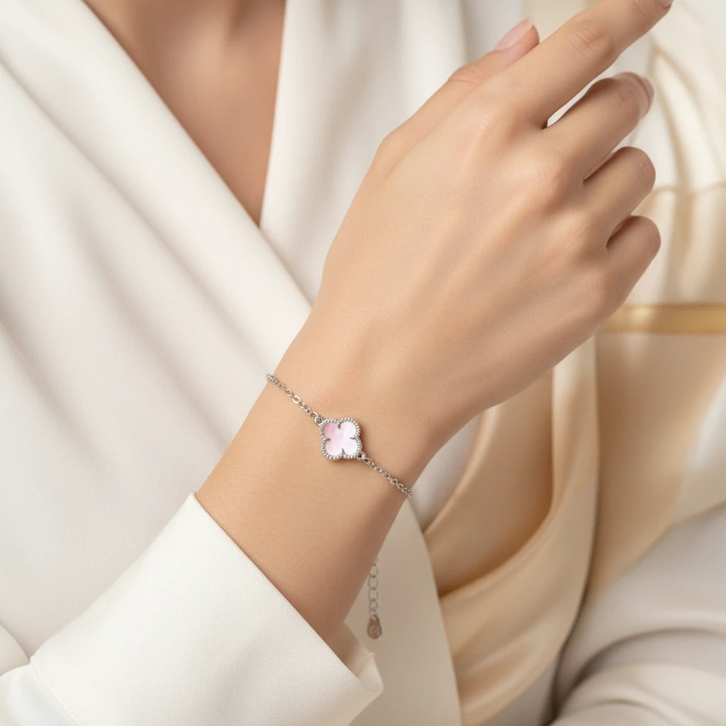 Pink Lucky Clover Bracelet - White Rhodium Plated