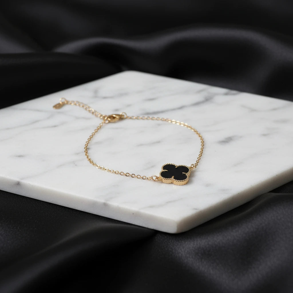 Black Lucky Clover Bracelet -18K Gold Plated