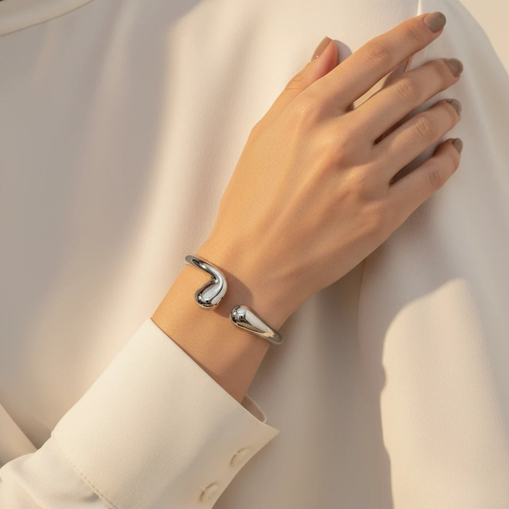 Bangle Open Bracelet - White Rhodium Plated