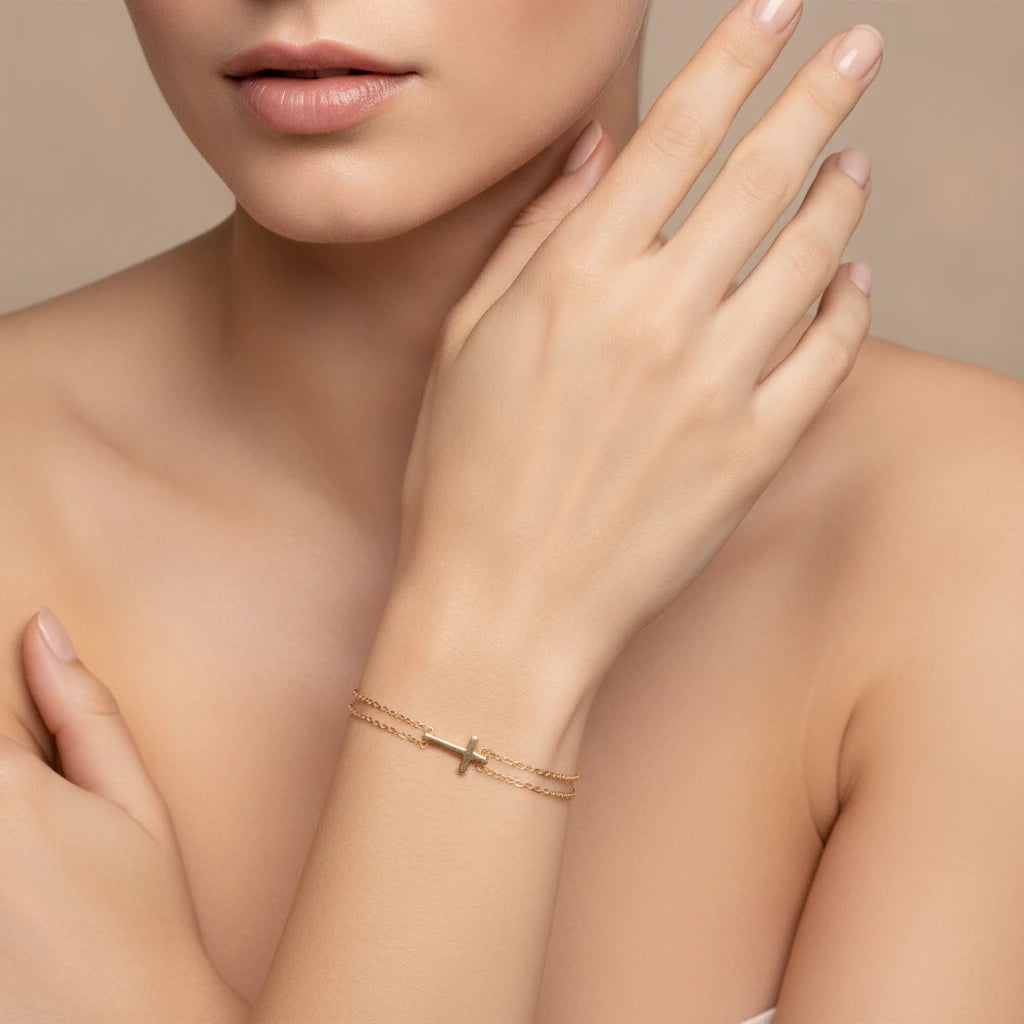 Cross Double Layer Bracelet - 18K Gold Plated