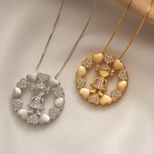 18K Gold Plated Studded Zirconia Girl Circle Hearts Necklace