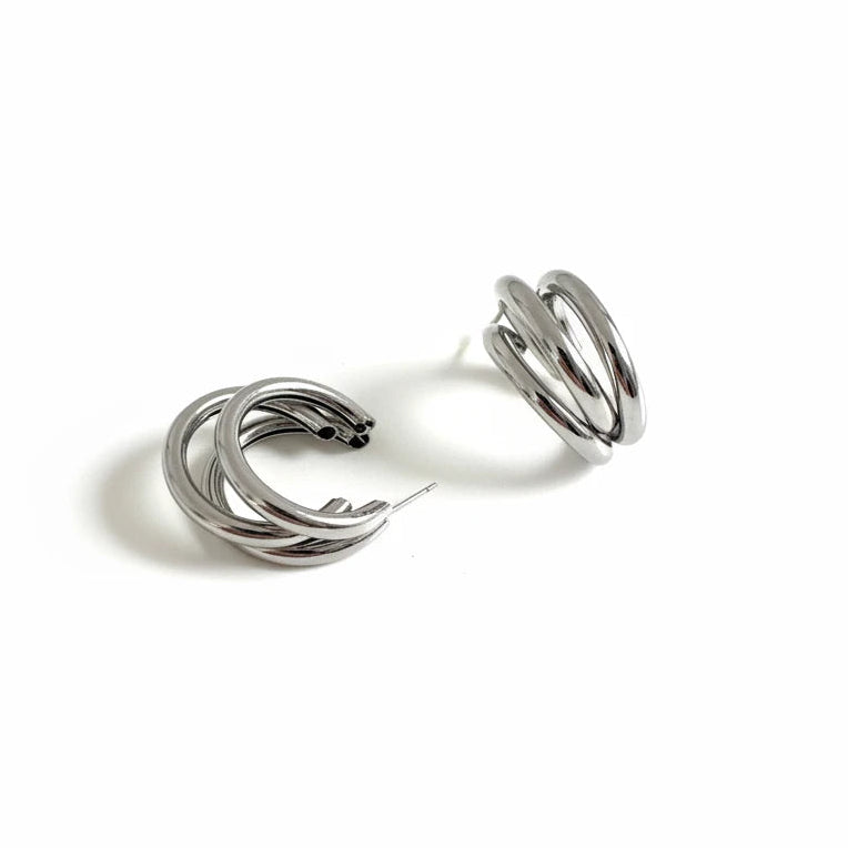Triple Hoops Earrings - White Rhodium Plated